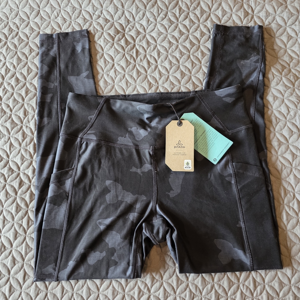 Prana Electa Workout Leggings, Black And Gray Camouflage, L